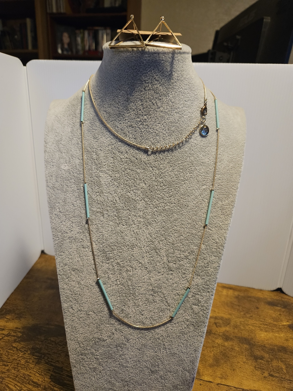 Plunder Gold-Tone Necklace with Turquoise Accent Beads And Free Pair Of Earrings